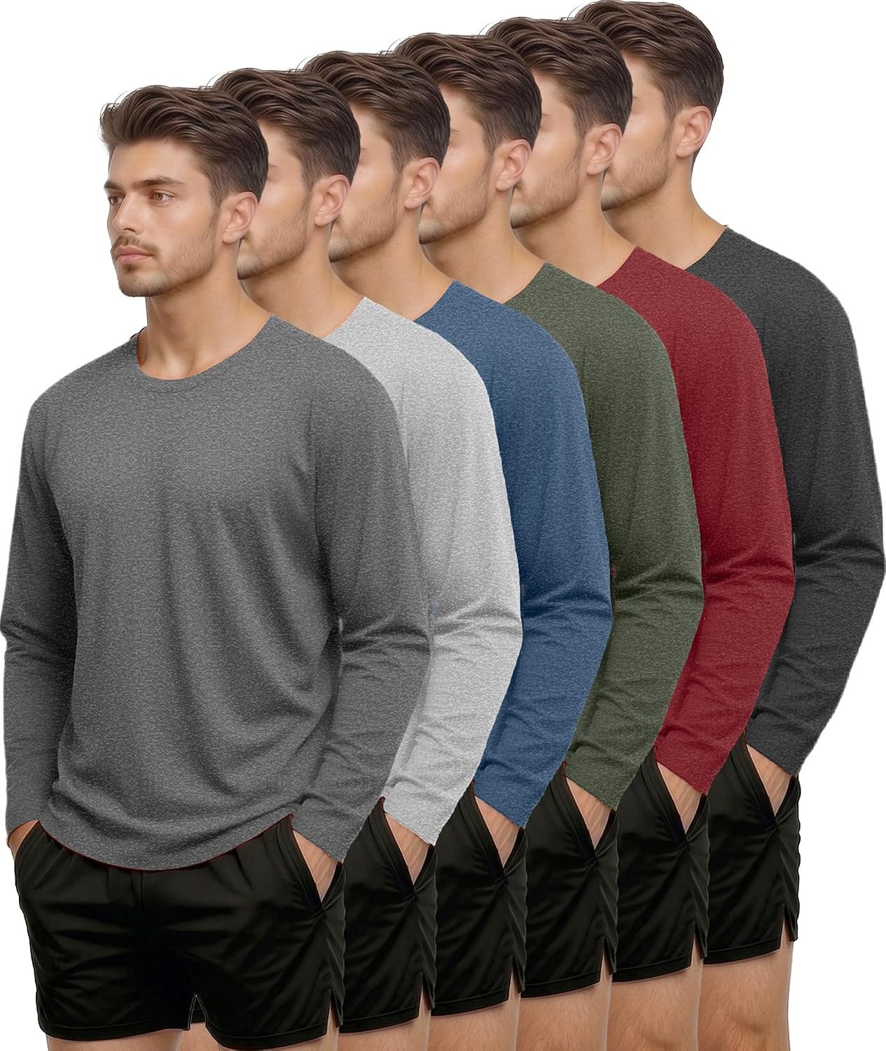 Kinglaman 6 Pack Men Dry Fit Workout Long Sleeve UPF 50+ Athletic Gym Shirt | Quick Dry, Lightweight shirts with sun protection