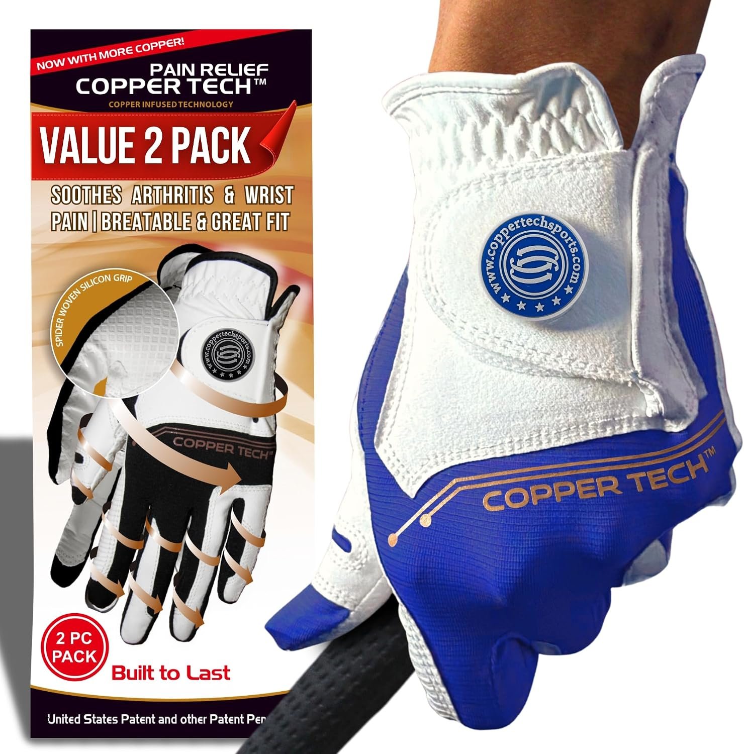 Copper Tech Golf Gloves Men Right Handed Golfer Or Left Handed Golfer (2 Pack)| Copper Compression Joint Support | Flexible & Comfortable Fit with AAA Leather