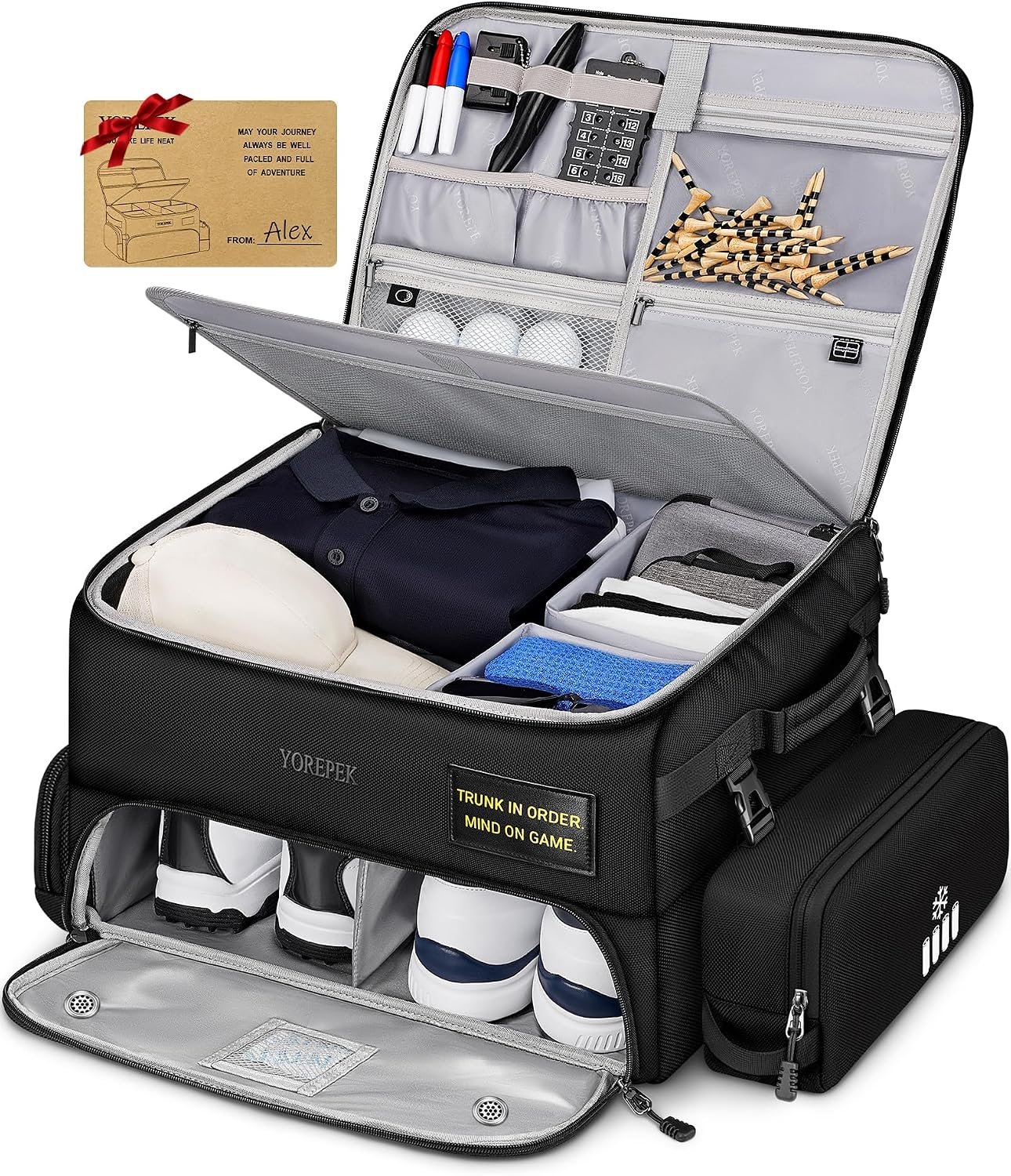 YOREPEK Upgraded Golf Trunk Organizer with Removable Insulated Pouch | Golf Gifts for Men, Golf Organizer with Dust-Proof Protective Layer, Multi-Compartment fit 2 Pairs of Shoes, Golfing Stuff