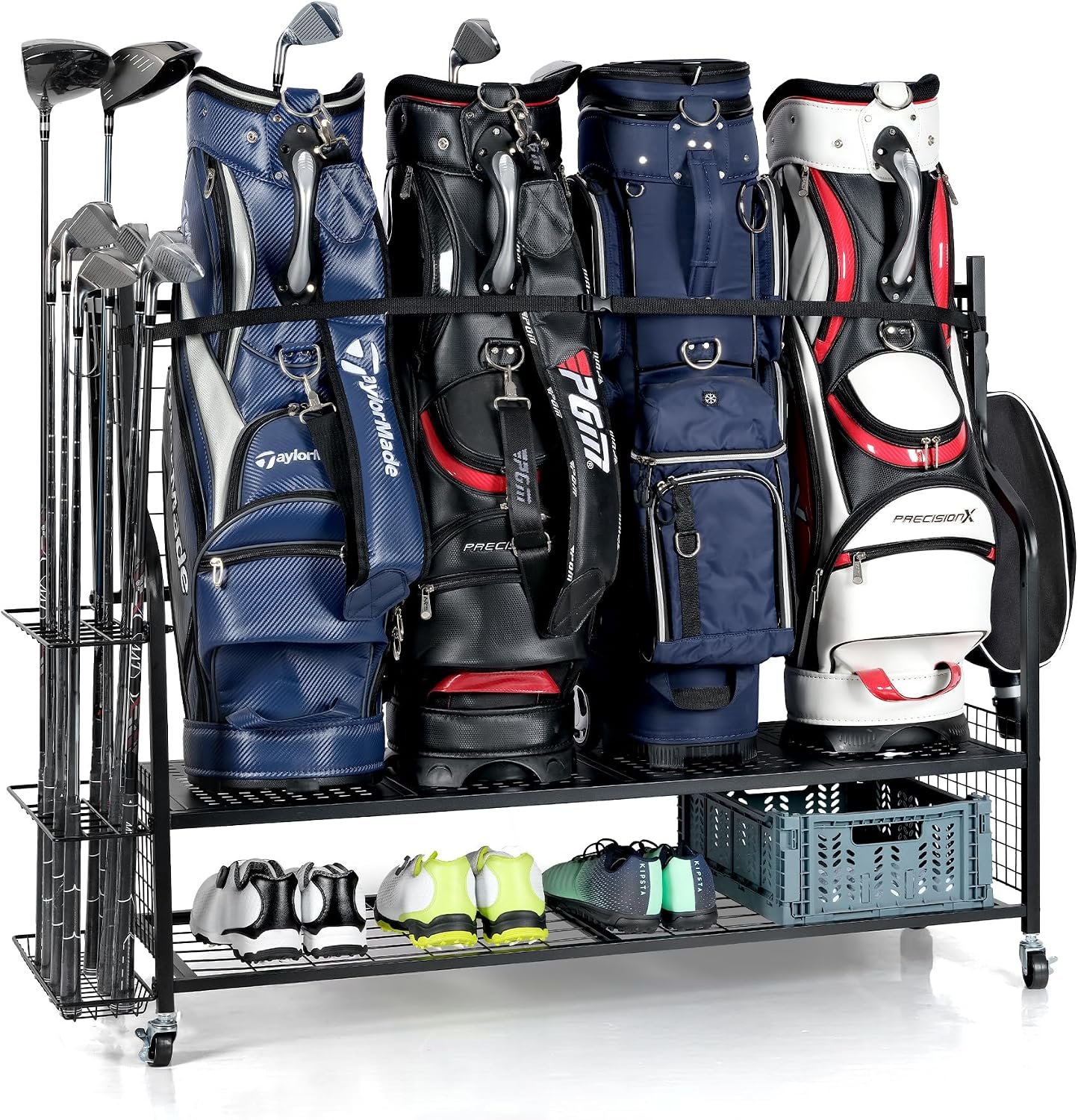 PLKOW Rolling Golf Bag Storage Organizer for 4 Bags, Black | Stores 4 golf bags and up to 18 clubs with an included removable basket, bottom shelf, and 4 locking wheels