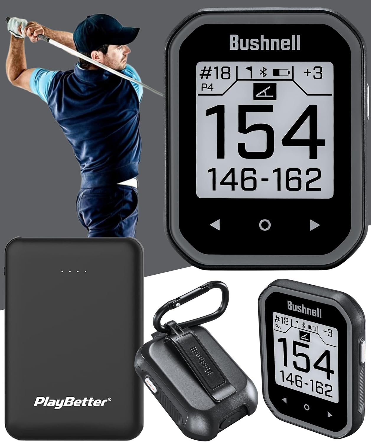 Bushnell Phantom 3 (Black) Slope Golf GPS Handheld PlayBetter Bundle | Touchscreen, Auto Course & Hole Recognition, Auto Score Entry | Includes 5000mAh Portable Charger, Belt Clip & Carabiner
