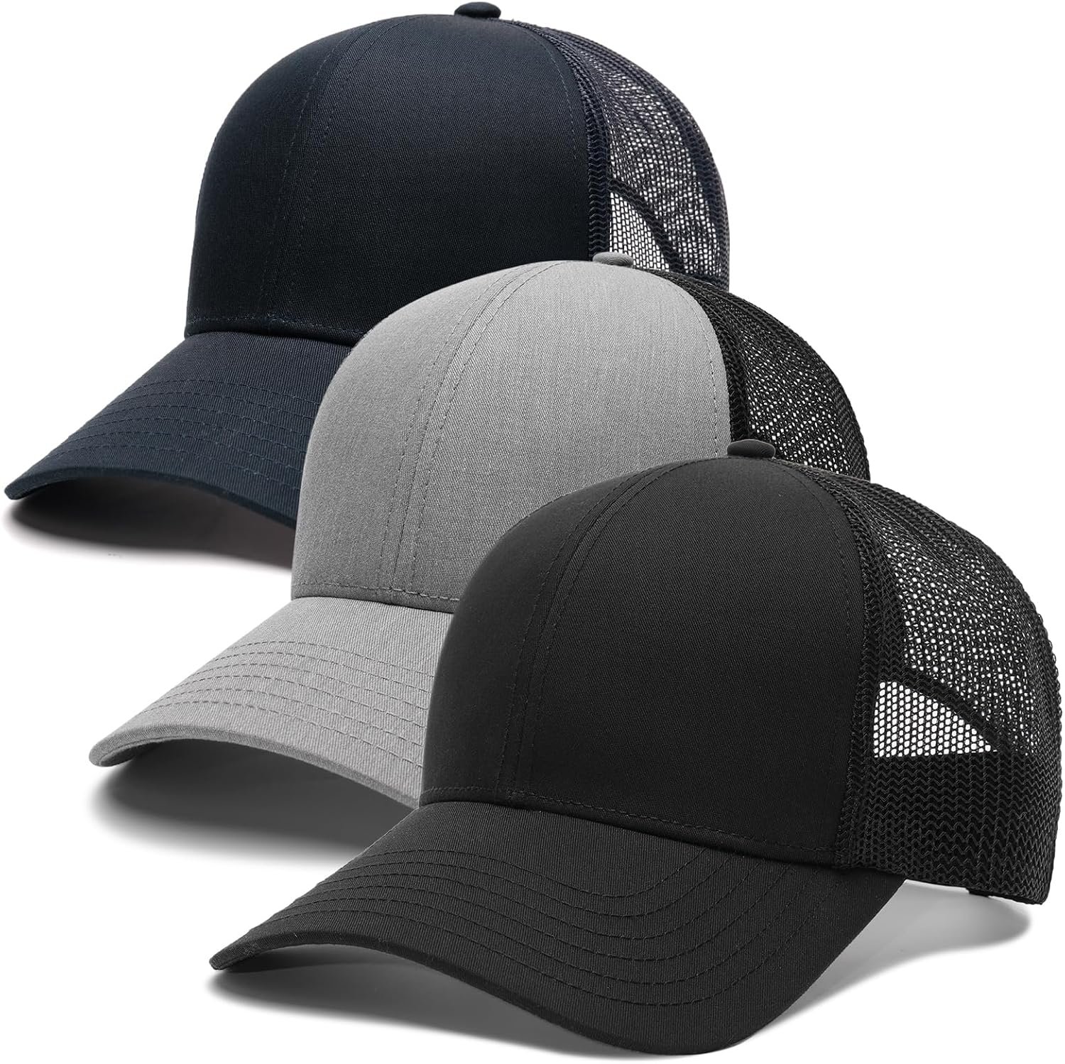 FURTALK Mens Trucker Hat Structured Mesh Baseball Cap Adjustable Classic | 3 Packs, Soft Washed Cotton Caps, Polyester Meah Back Panels, Adjustable Snapback, Sun Protection Brim, Cool, Breathable