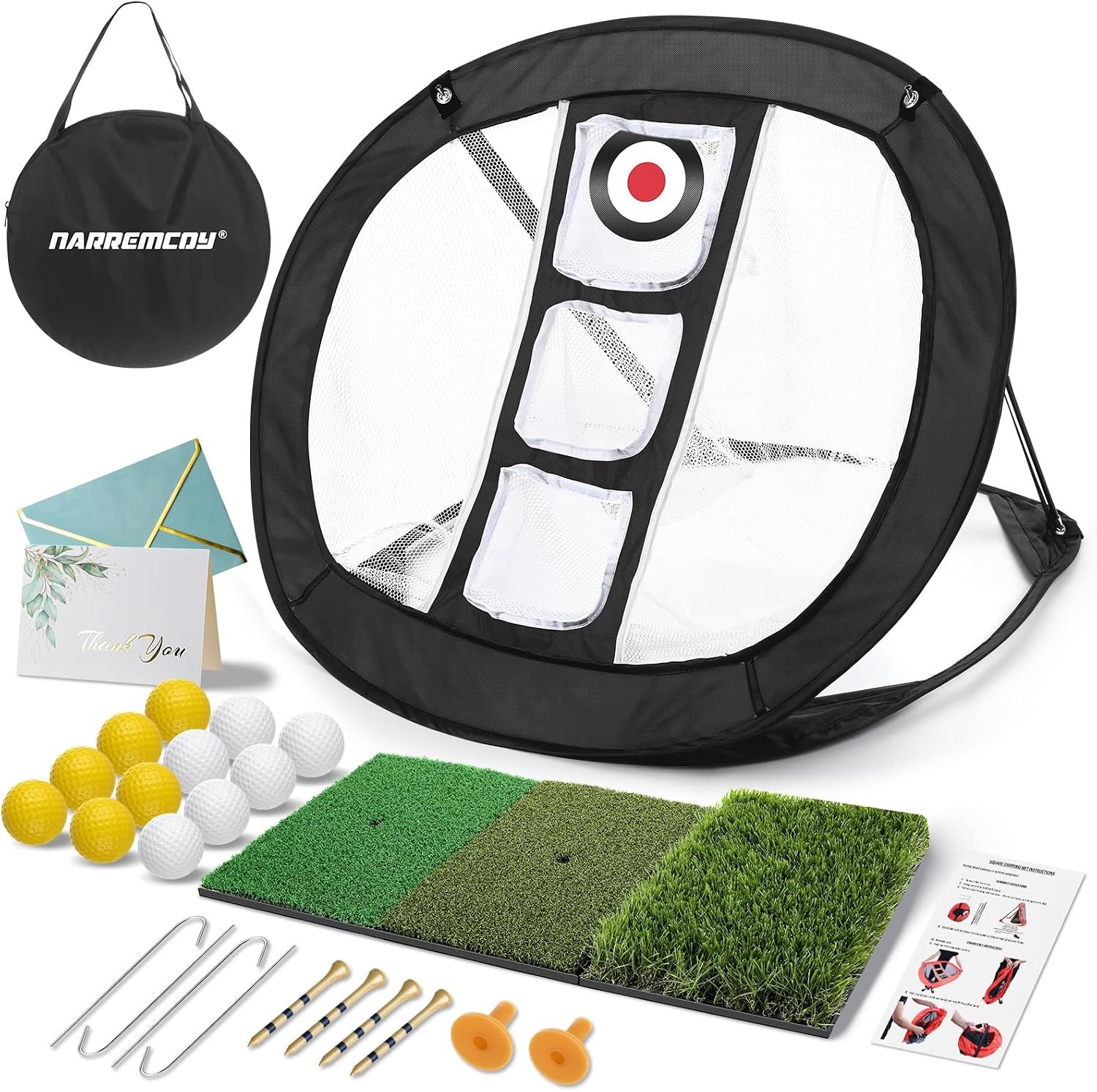 Golf Chipping Net with Tri-Turf Hitting Mat Set | Foldable Practice Target with 12 Foam Balls, 6 Tees & Carry Bag for Indoor Outdoor Backyard Golf Training Beginners