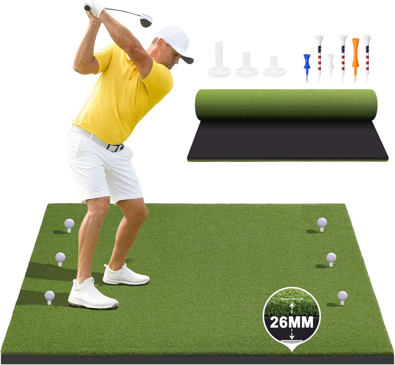 Golf Hitting Mat 5x4ft & 6x4ft, XL 26mm Professional Golf Practice Mat for Driving & Swinging, Realistic Grass Golf Training Mat for Garage & Backyard, Ultra-Durable Artificial Turf, Gifts for Him Men
