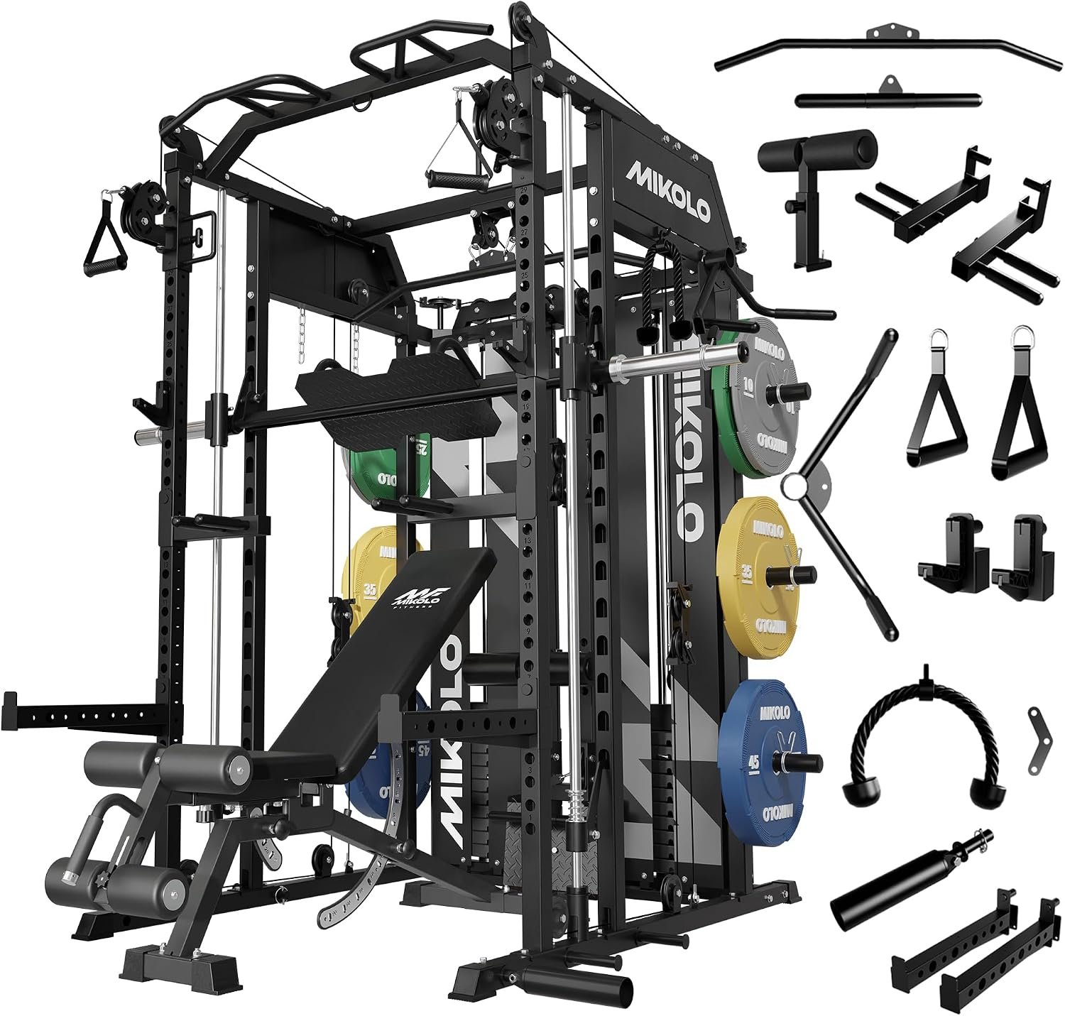 Mikolo Smith Machine with Weight Stack, Power Cage Home Gym System with LAT Pulldown & Cable Crossover, Multi-Functional Trainer with Dual Pulley System, Includes 10+ Free Attachments