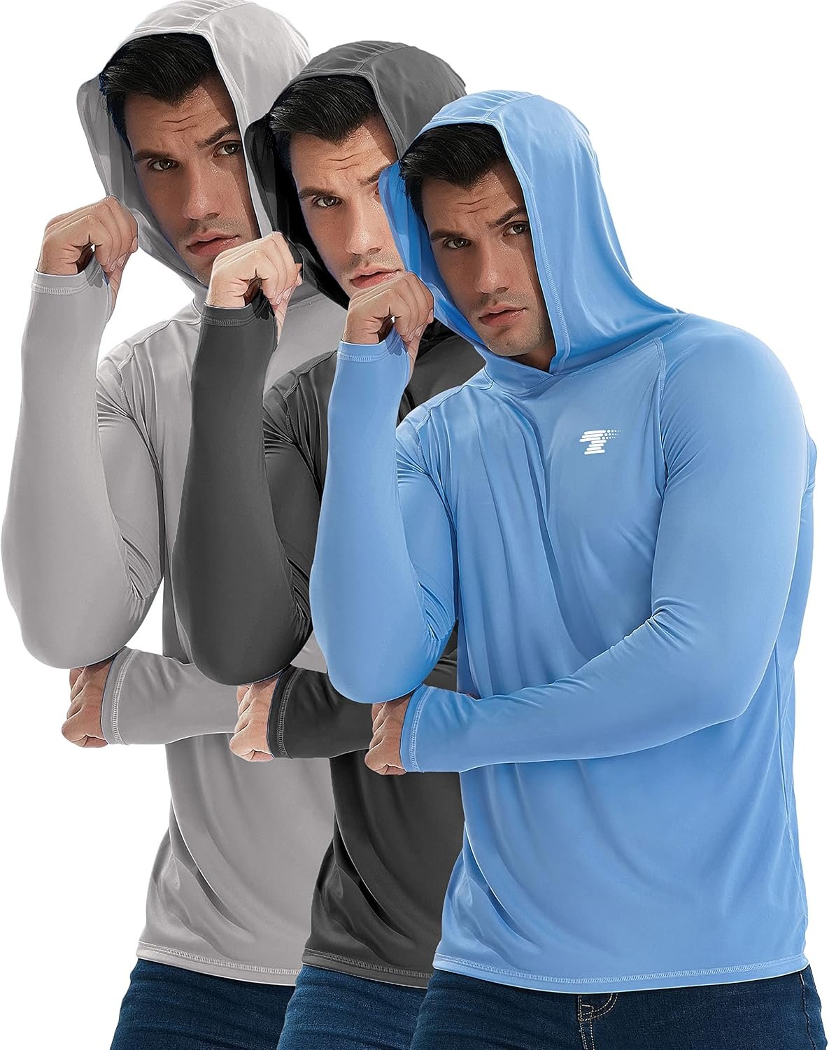 3 Pack Men’s UPF 50+ Sun Protection Shirts Fishing Hoodie Long Sleeve | UPF 50+, moisture wicking, thumbhole, lightweight, tagless, quick dry, breathable, fishing, hiking, running, yard work, beach