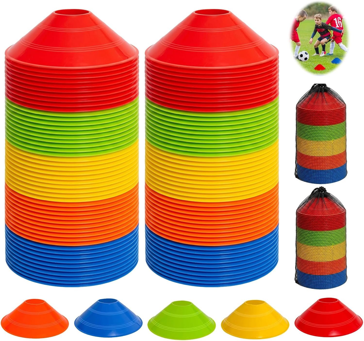 Soccer Cones for Sports Training with Mesh Carry Bag, Multi-Color Agility Disc Cones for Football Basketball Drills, 7.5 Inch Flexible Plastic Field Markers for Kids & Adults
