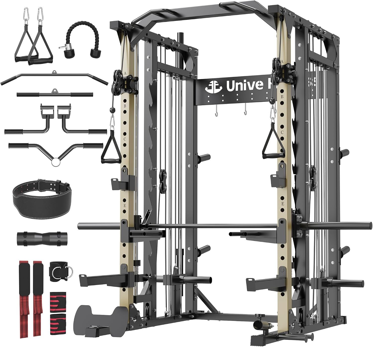 Unive Fitness Smith Machine with Pulley System, 2000LBS Power Cage Squat Rack with Smith Bar, LAT Pull-Down Systems & Cable Crossover Machine for Full-Body Workouts