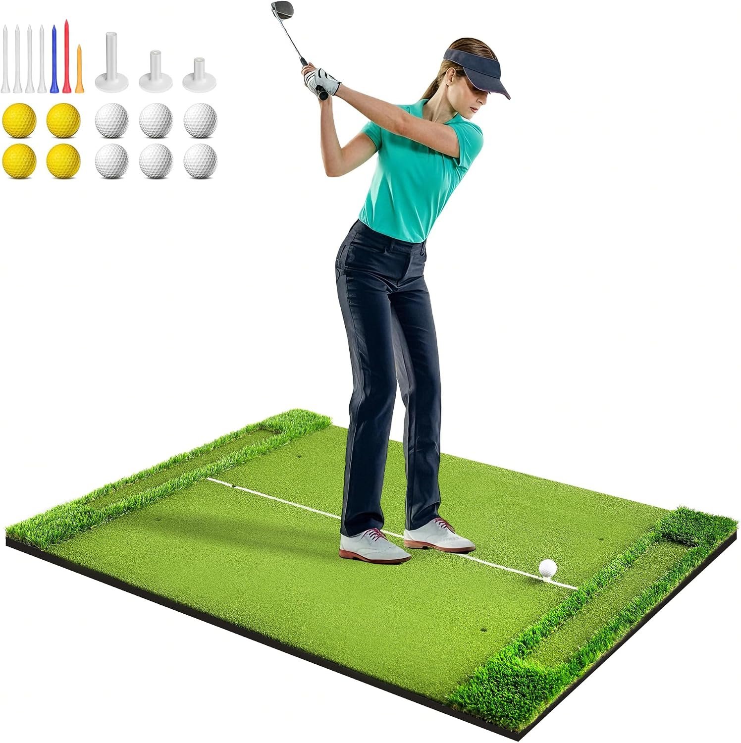 VIVITORY Golf Mat with Ball Tray, Thickening Golf Hitting Mat, 5x4ft | Integrated Golf Practice with 10 Golf Balls, 7 Golf Tees, Artificial Golf Turf Mat Practice Swing Mats 21mm-45mm