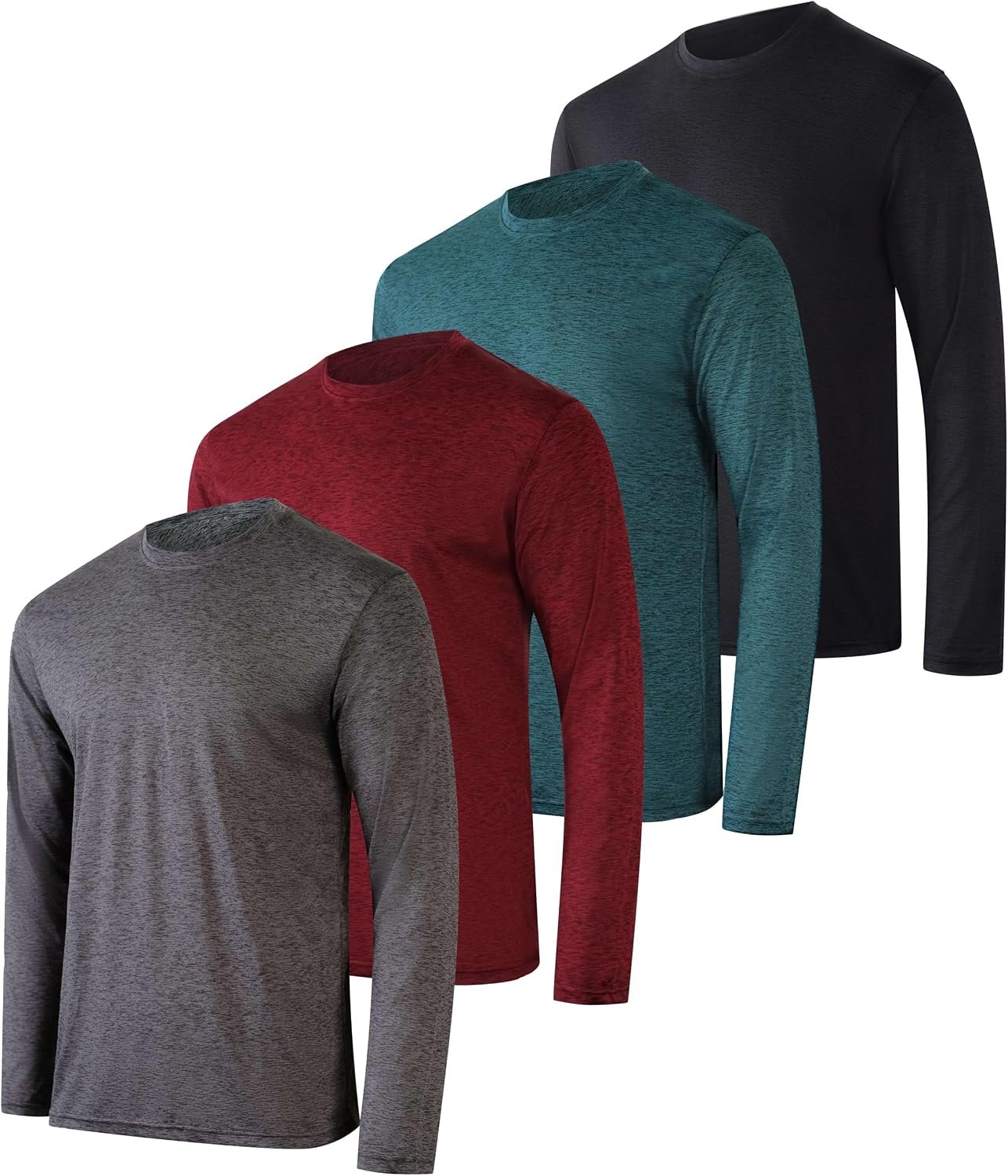 4 Pack Men’s Long Sleeve Crew Neck T Shirts Sun UPF 50 Athletic Workout Gym | Dry Fit, Fishing, Hiking, Running, Sunshirt Protection, Base Layer, Undershirts, Work, Construction, Cycling, Outdoor