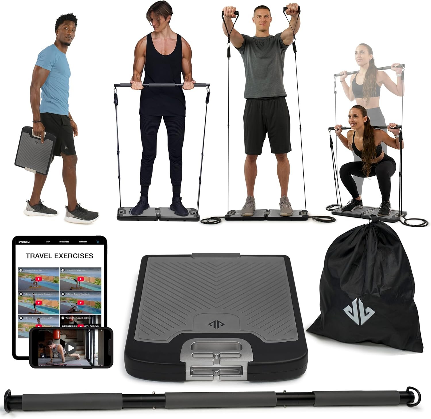 EVO Gym – Portable Home Gym Strength Training Equipment, At Home Gym | All in One Gym – Resistance Bands, Base Holds Gym Bar & Handles for Travel | Portable Gym & Home Exercise Equipment