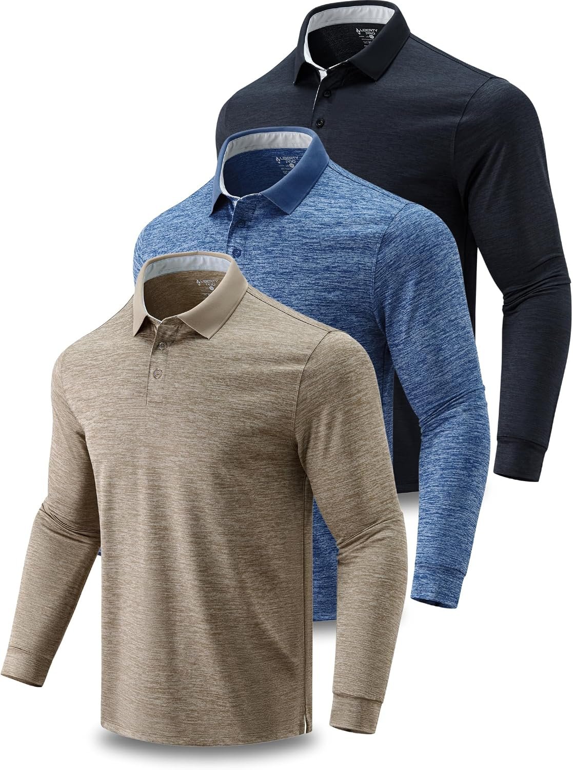 3 Pack Men’s Dry Fit Long Sleeve Polo Shirts | Athletic Collared Golf T-Shirts, Moisture Wicking, Lightweight, Stretch, Regular Fit, for Fishing Hiking