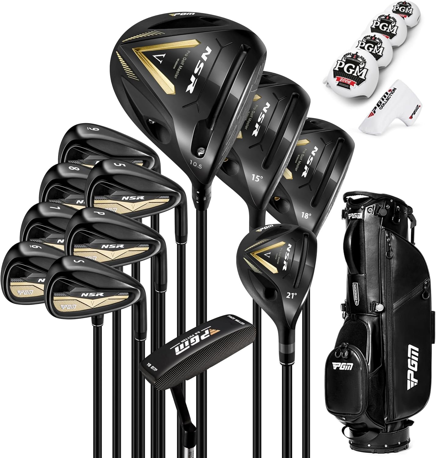 PGM NSR V 18 Piece Men’s Complete Golf Club Sets – Adjustable Loft Titanium Driver (0.86 COR), Precision Weighted Fairway Woods, Forged Irons, CNC Milled Putter, with Stand Bag – Right Handed