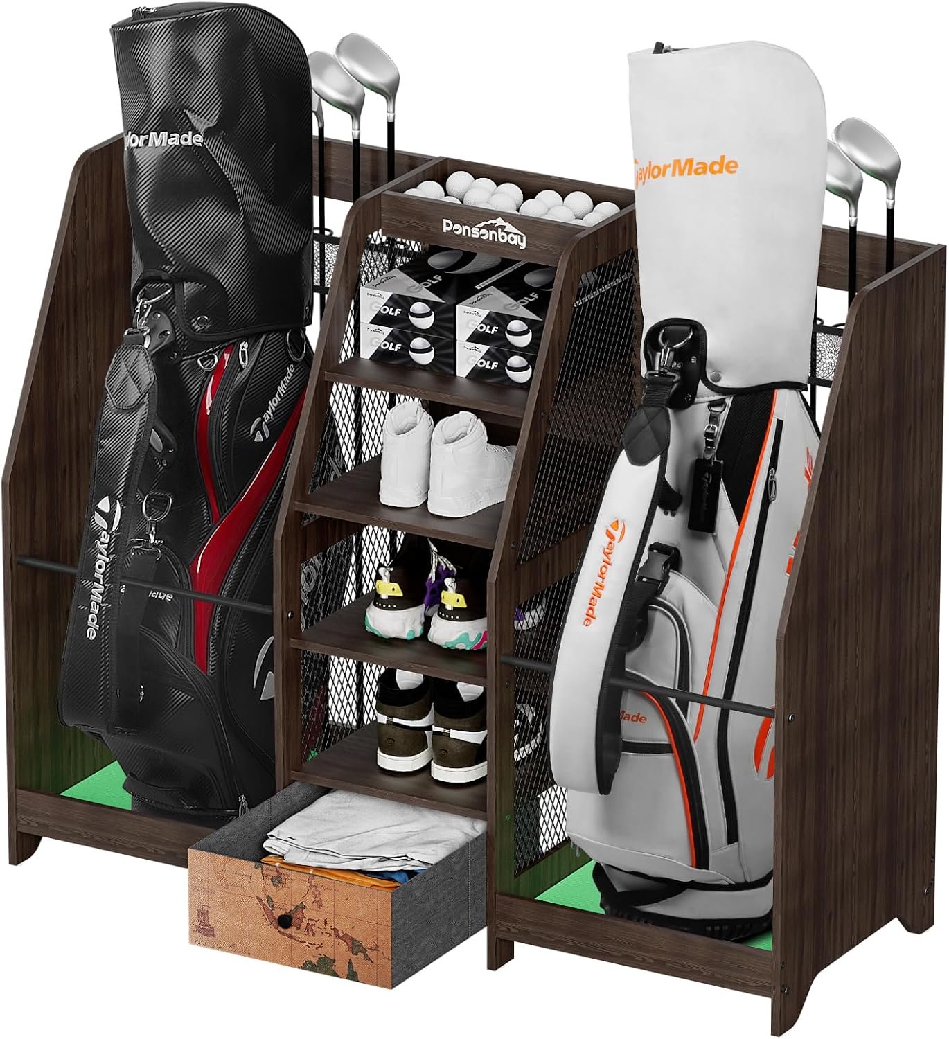 Golf Bag Storage Organizer Holds 2 Golf Bags for Garage – Wooden Rack | Easy Assembly with Drawer, 12 Club Holder, Shoe Shelf and 50 Balls Basket for Garage, Simulator Room, Home or Office