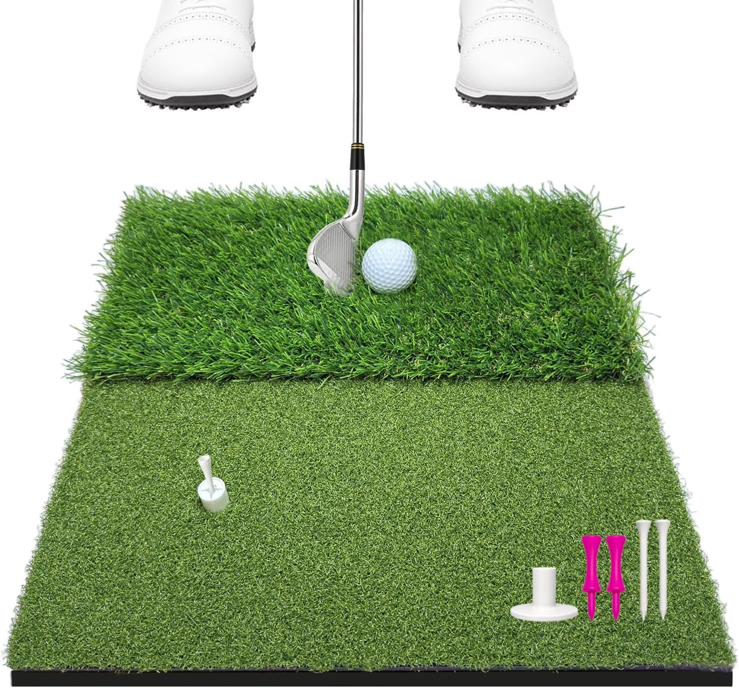 Golf Hitting Mat, 16 x 16 in 10mm EVA Base Dual-Turf Golf Practice Mat | Portable fairway & rough turf, 10mm textured EVA base adds grip for all skill levels, home, garage & backyard practice