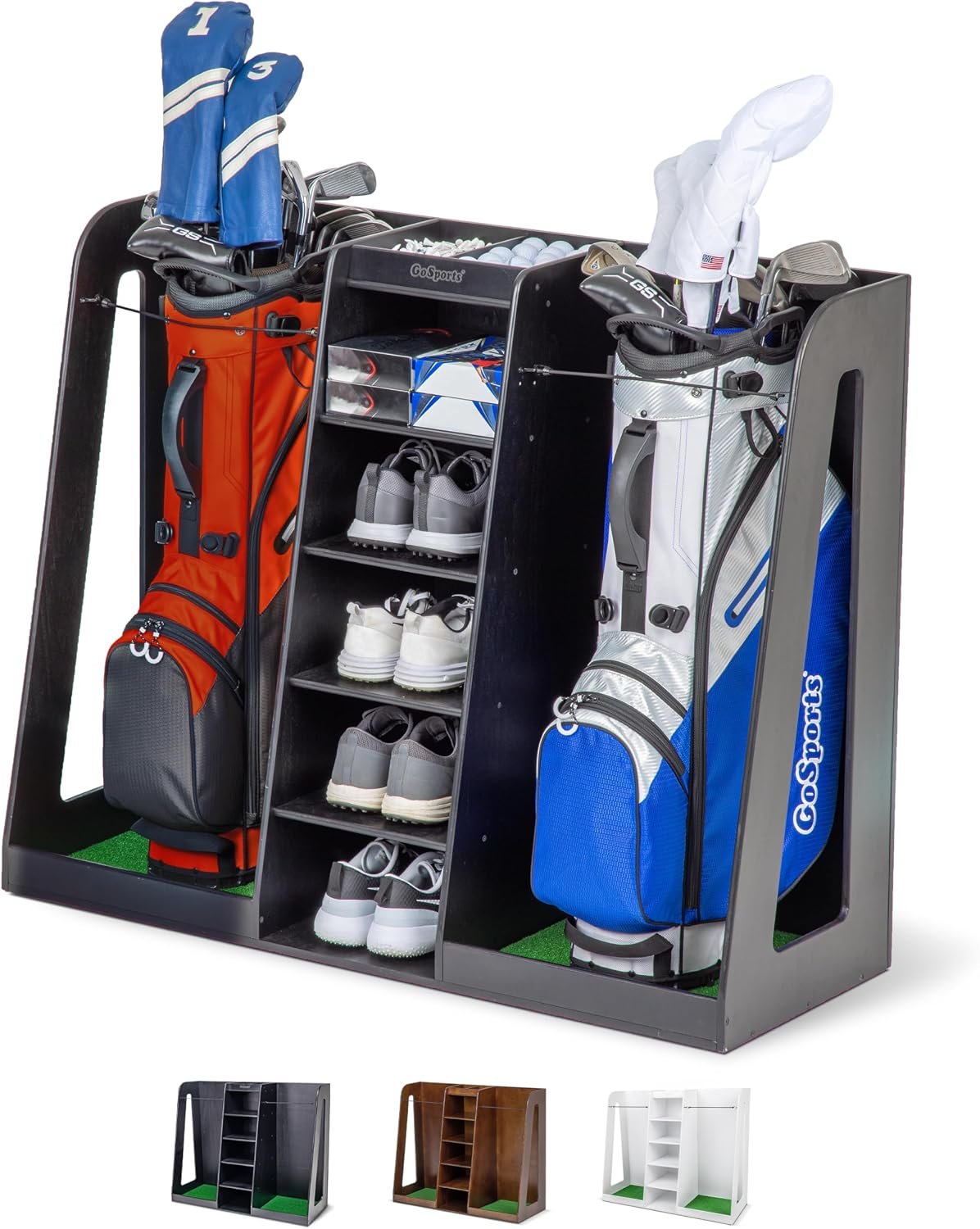 GoSports Premium Wooden Golf Bag Organizer and Storage Rack – Black, White or Brown Finish – Holds 2 Golf Bags