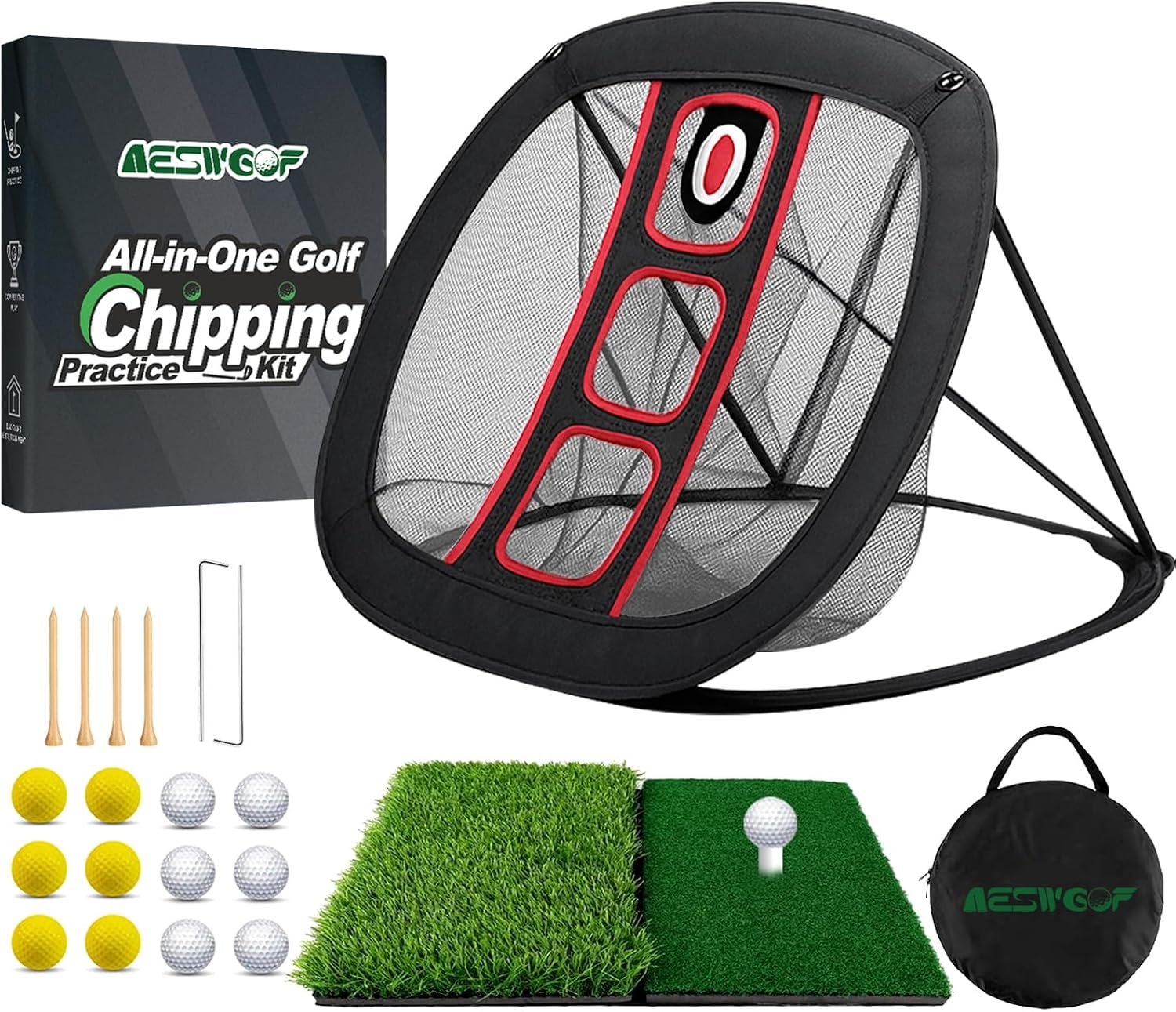 Golf Chipping Net Set with Mat & 12 Practice Balls for Indoor Outdoor Use | All-in-One Multi Target Golf Training Kit – Portable, Easy Setup for Backyard Practice – Great Gift for Golfers and Beginners