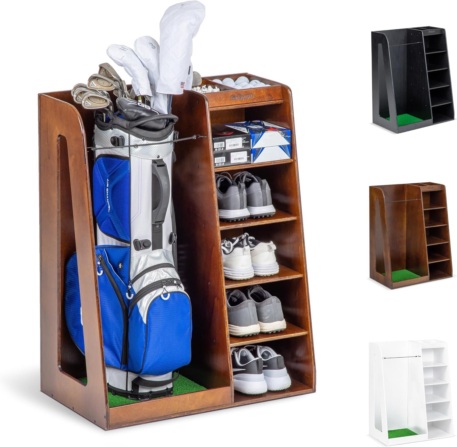 GoSports Premium Wooden Golf Bag Organizer and Storage Rack – Black, White or Brown Finish