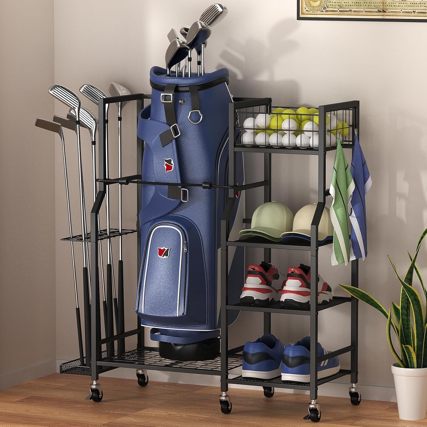 Golf Bag Stand Storage Rack with Wheels, Organizer for Golf Bags and Golf Equipment&Accessories,Ideal for Garage, Home, Golf Clubs