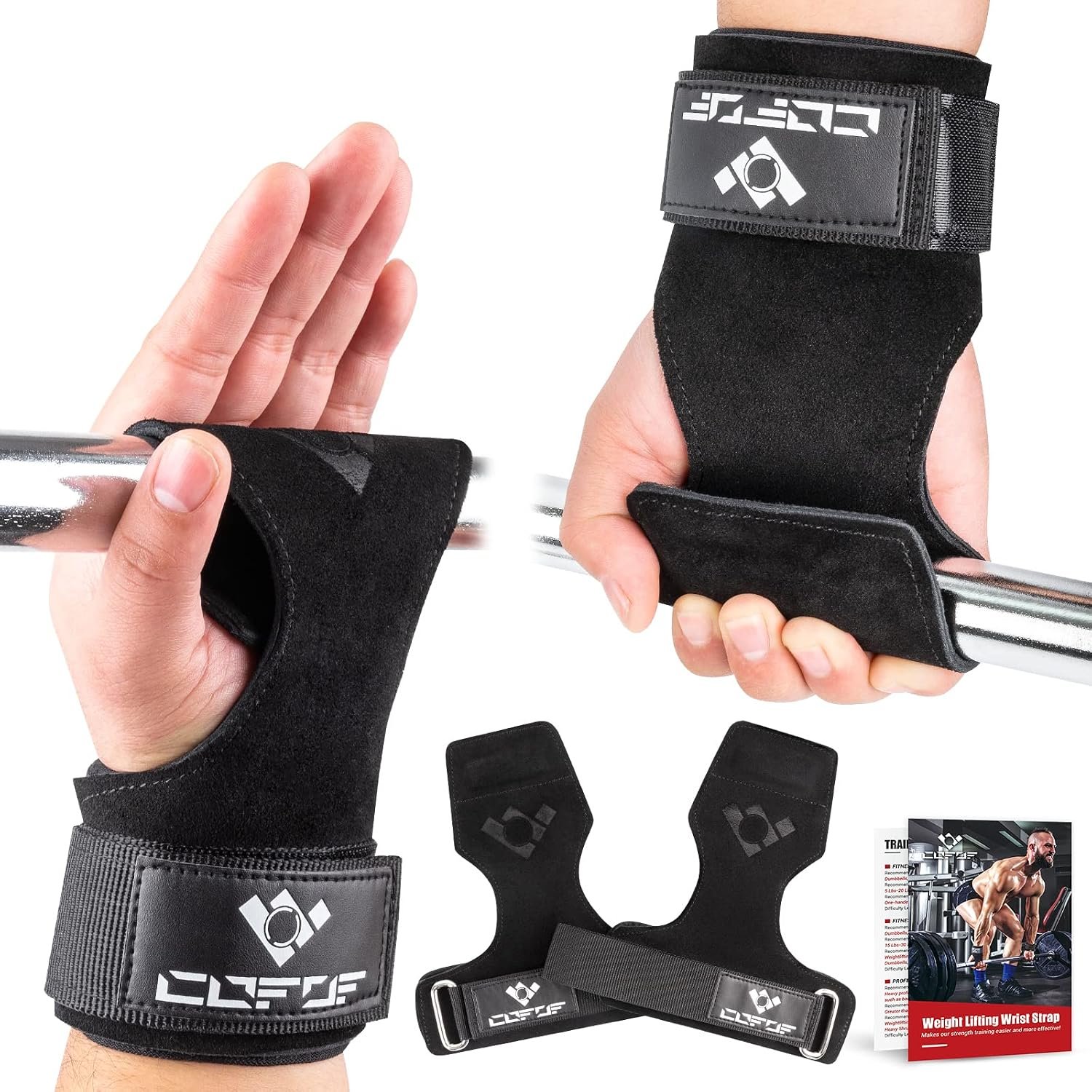 Weight Lifting Wrist Strap, Double-Layer Leather for Deadlift Powerlifting | Gym Strap with Adjustable Neoprene Padded Fit for 6.3–8 Inch Wrist, 8.07-Inch Leather Strap, Gym Workout Lifting Hook (Pair)