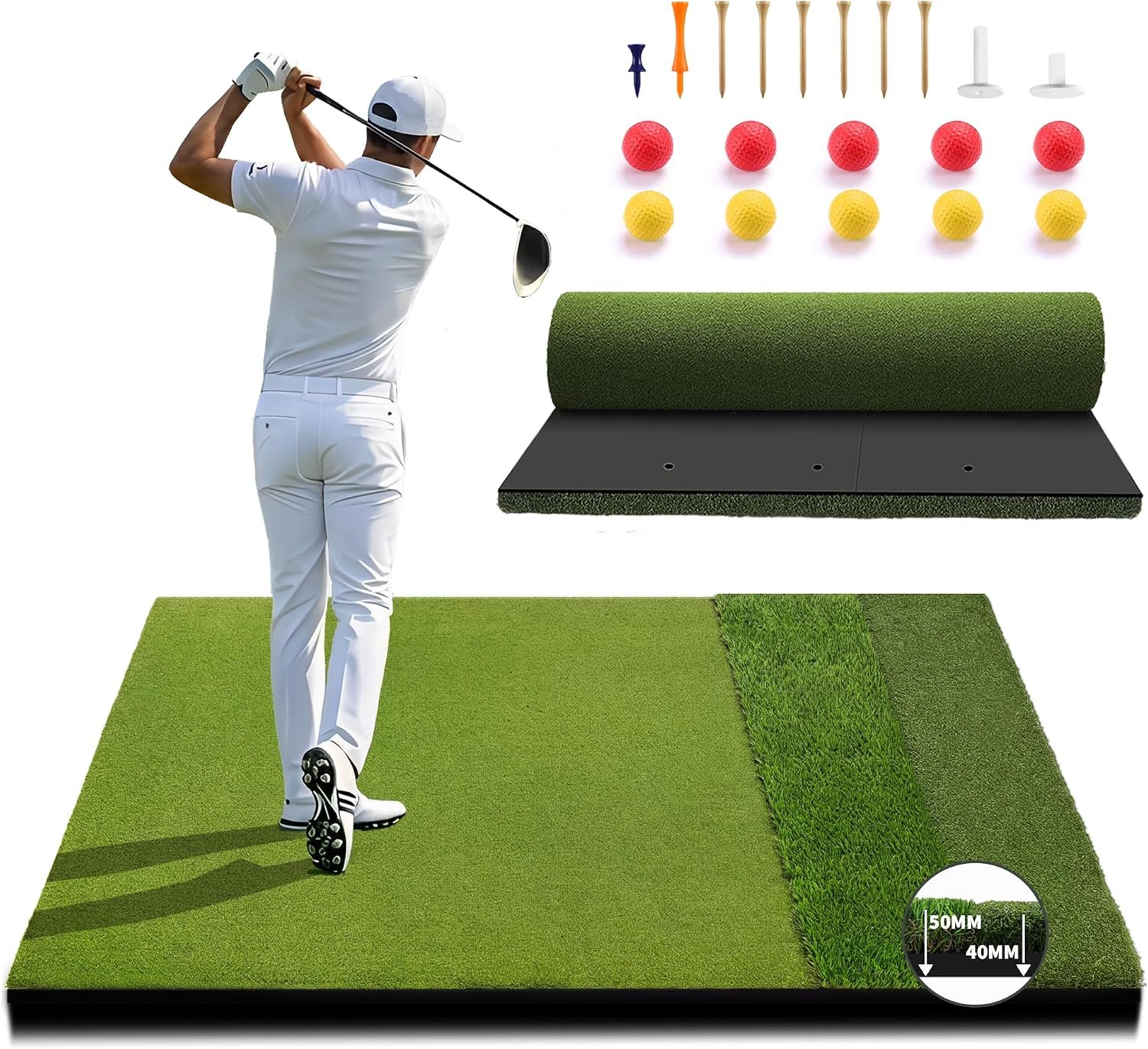 Fanshaw Premium Dual-Turf Golf Mat 5×4/6x4ft 40-50mm Thickened for Practice | Golf Hitting Mat: Tee, Fairway & Rough Turf for Driving & Chipping, Indoor & Outdoor Backyard&Simulator Training