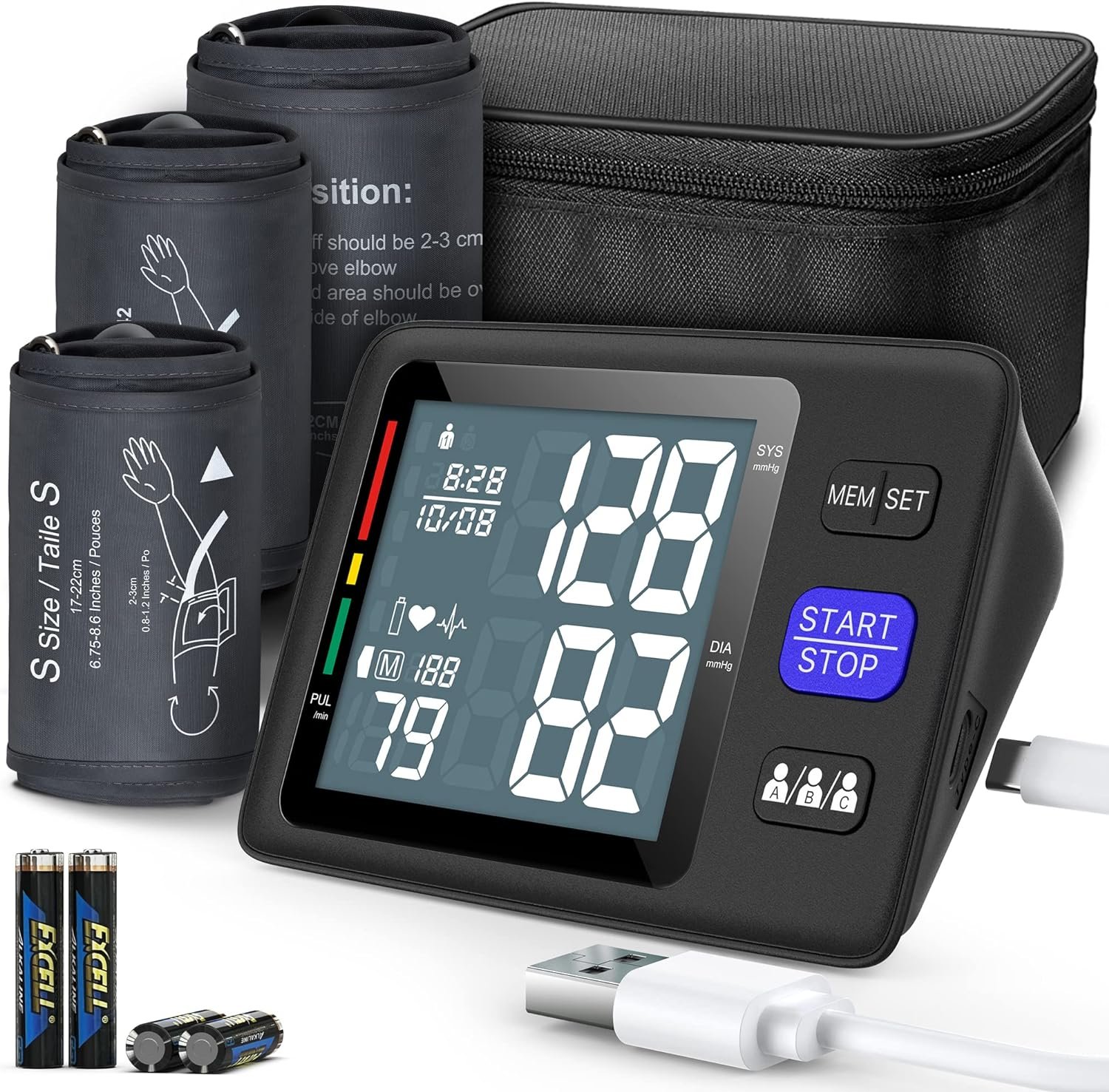 Blood Pressure Machine Upper Arm, 3 Size Cuffs, S, M/L and XL, Small 7″-9″, Medium/Large 9″-17″ and Extra Large Cuff 13″-21″, Accurate Automatic Digital BP Monitor, Large Backlit LCD, 3-User 1500 MEM