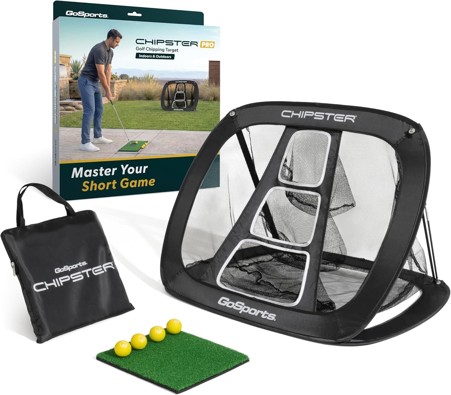 GoSports Chipster PRO Golf Chipping Net – Portable Outdoor & Indoor Golf Practice Target with Hitting Mat and 4 Foam Balls – Best Gifts for Golfers – Black