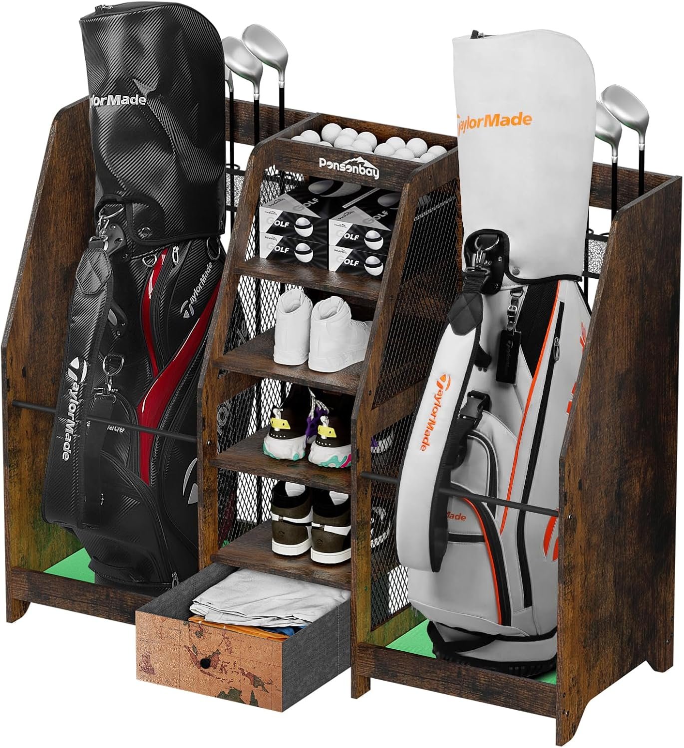 Golf Bag Storage Organizer Holds 2 Golf Bags for Garage – Wooden Rack | Easy Assembly with Drawer, 12 Club Holder, Shoe Shelf and 50 Balls Basket for Garage, Simulator Room, Home or Office