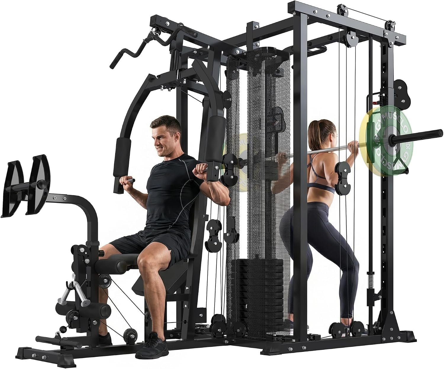 Multi-Functional Home Gym Workout Equipment, All-in-One Smith Machine w/150lbs Weight Stack&Cable Crossover, Leg Press, PEC Fly, LAT, Squat, Heavy Duty Full Body Training for Family, Black