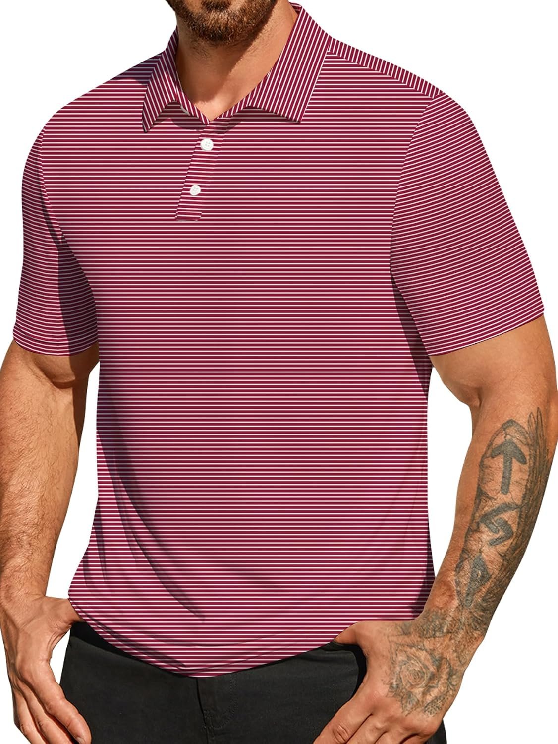 Hardaddy Men’s Stripe Short Sleeve Casual Polo Shirts Collared Moisture Wicking Dry Fit Performance Golf Shirts