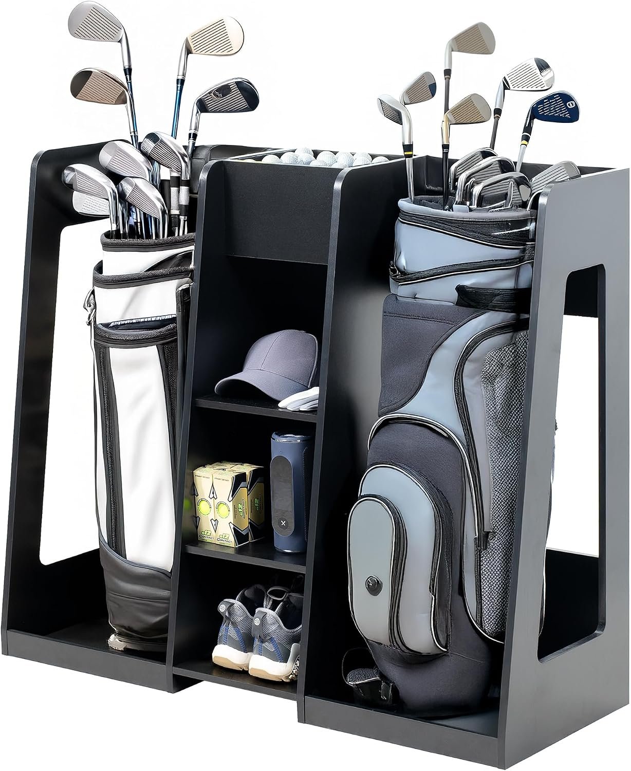 Golf Bag Organizer, Storage Holder for Garage with 2 Side Compartments, 3 Middle Cubbies, and More, Black, LF-GBS1