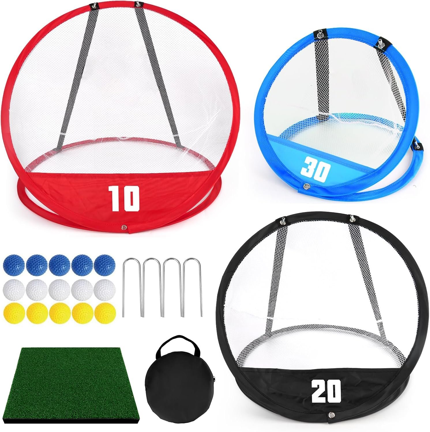 AuntyFey Golf Chipping Net, Golf Chipping Game, 3Pcs Pop-Up Golf Practice Net Backyard with 3 Targets, 15 Balls, 1 Hitting Mat, 1 Storage Bag, Indoor Outdoor Game Gift(Golf Clubs not Included)