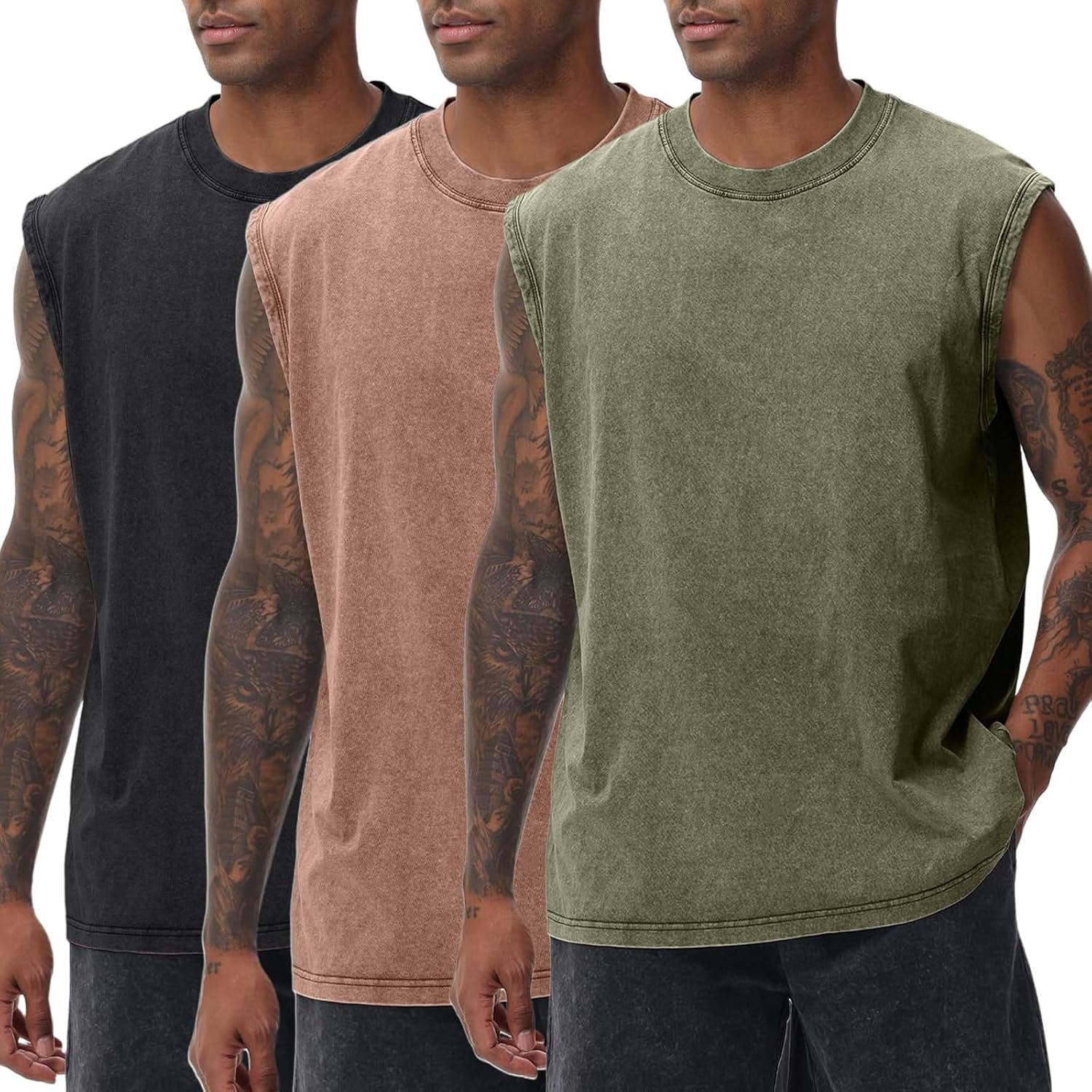 Arssm Sleeveless Shirts for Men Tank Tops Cotton Acid Wash Tees Muscle Workout Running Tank Tops