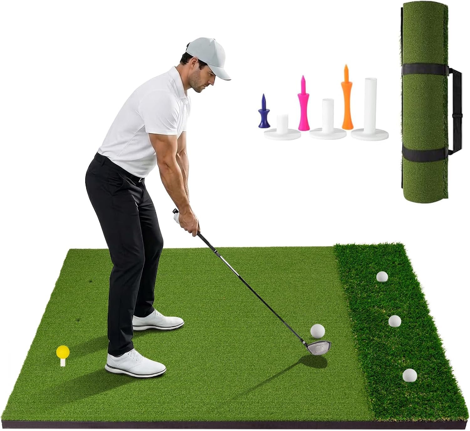 5x4ft Golf Mat with Integrated Ball Tray/Dual-Turf & Tees, Professional Practice Turf for Indoor & Outdoor, Shock Absorption EVA Base, Portable Carrying Strap