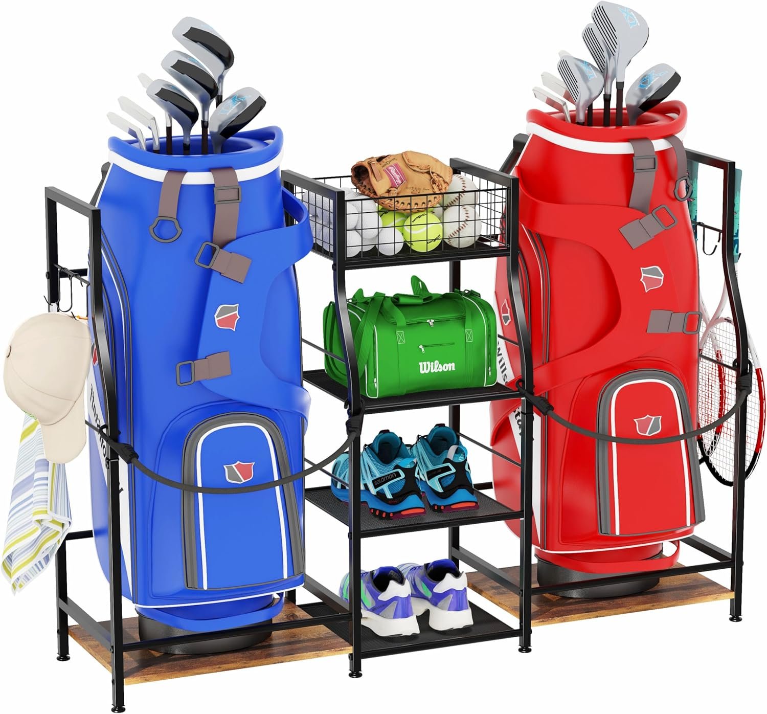 Jsskeeim Golf Bag Storage Organizer for Garage Organization, Golf Bag Stand for Golf Bag Accessories, Spacious Golf Rack for Golf Clubs & Golf Essentials, Ideal Golf Gifts for Men (Fits 2 Golf Bags)