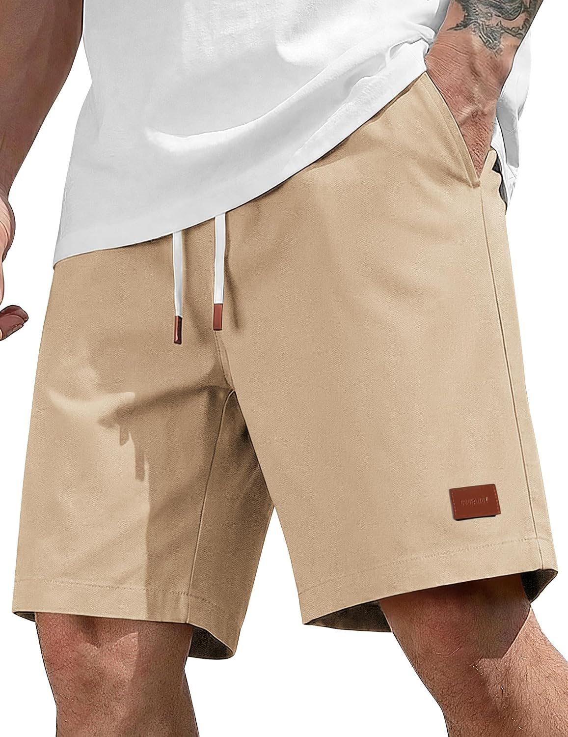 COOFANDY Mens Cotton Chino Shorts 9 Inch Casual Shorts Elastic Waist Drawstring Summer Beach Shorts with Pockets