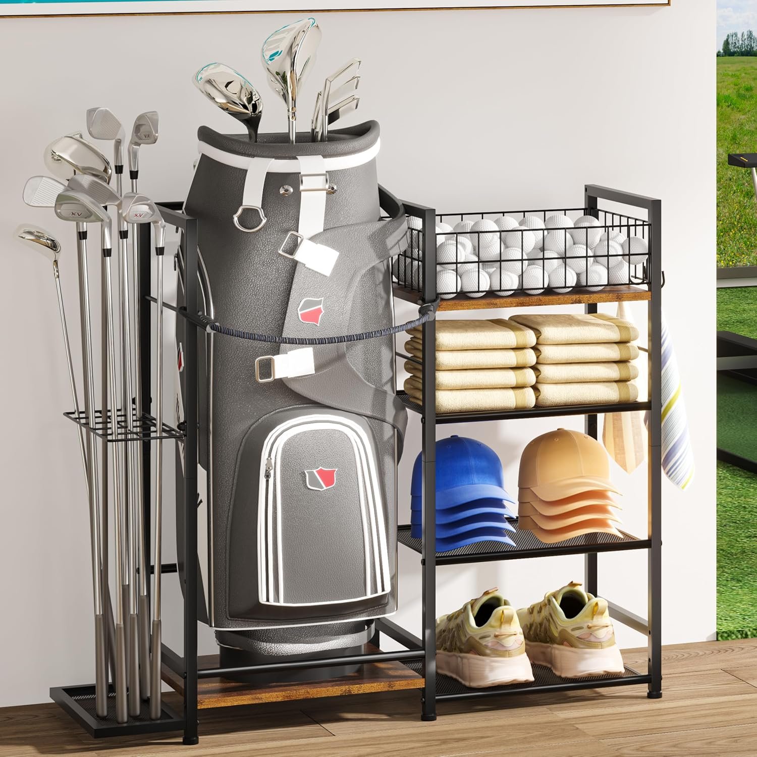 Jsskeeim Golf Bag Organizer for Golf Accessories for Men, Golf Bag Stand with Extra Storage Rack for Clubs, Golf Bag Holder for Golf Storage Fits 1 Bag, Garage, Home or Club Use, Golf Gifts for Dad