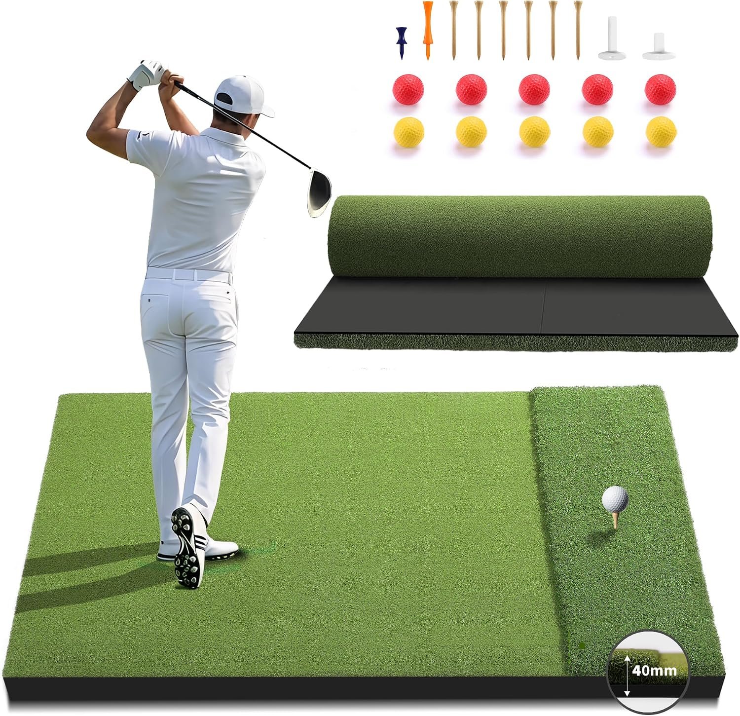 Fanshaw Premium Dual-Turf Golf Mat 5×4/6x4ft 40-50mm Thickened for Practice | Golf Hitting Mat: Tee, Fairway & Rough Turf for Driving & Chipping, Indoor & Outdoor Backyard&Simulator Training