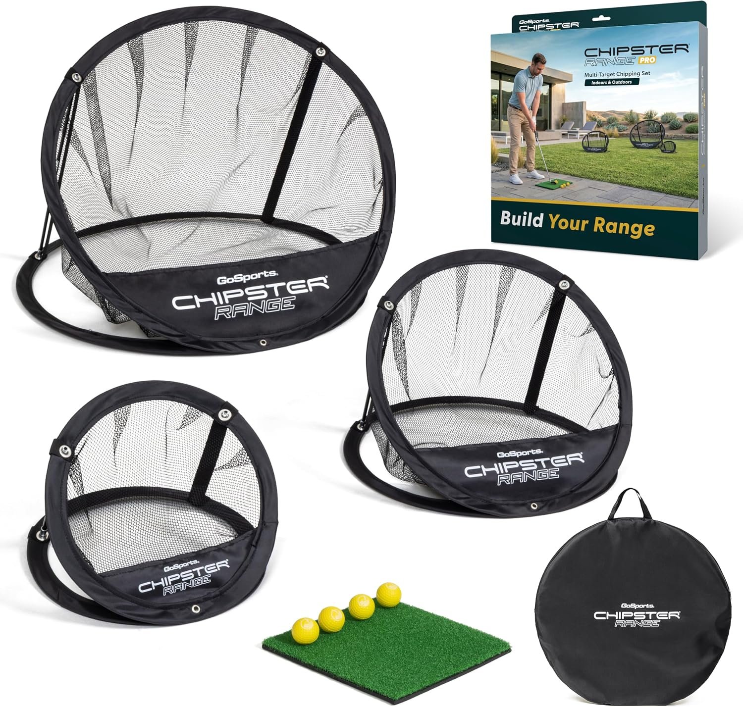 GoSports Chipster Range PRO Golf Chipping Nets – Portable Outdoor & Indoor Golf Practice Targets with Hitting Mat and 4 Foam Balls – Best Gifts for Golfers – Black