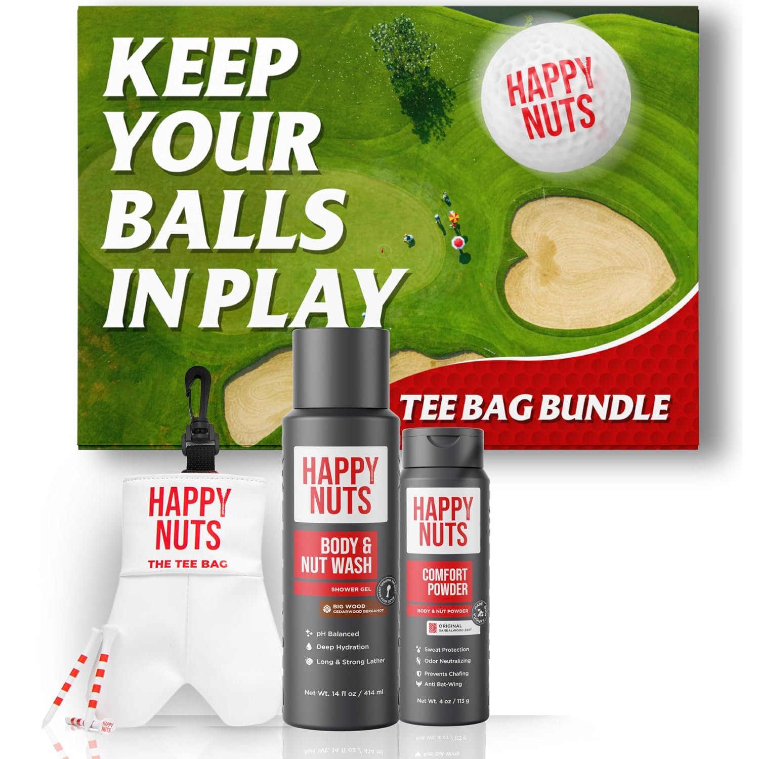 Happy Nuts Tee Bag Bundle for Men – Golf-Themed Grooming & Game Day Essentials – Perfect Men’s Gift Kit for Golfers – Sandalwood Body Wash, Anti-Chafing Comfort Powder Deodorant & Golf Ball Tee Bag