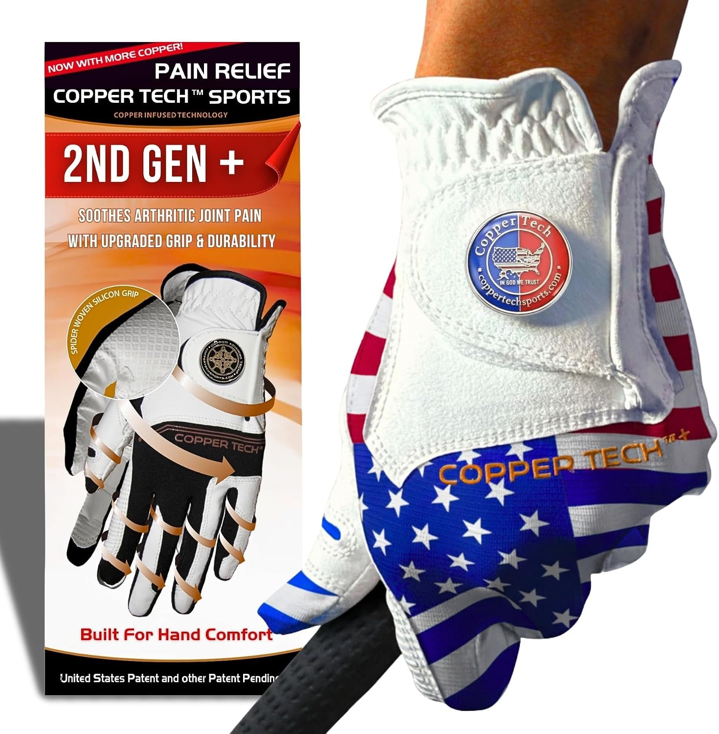 Copper Tech Men’s Golf Gloves with Ball Marker – USA Flag & Camo Golf Glove for American Patriots – Perfect for Summer Golfing – 100% AAA Cabretta Leather Golf Glove